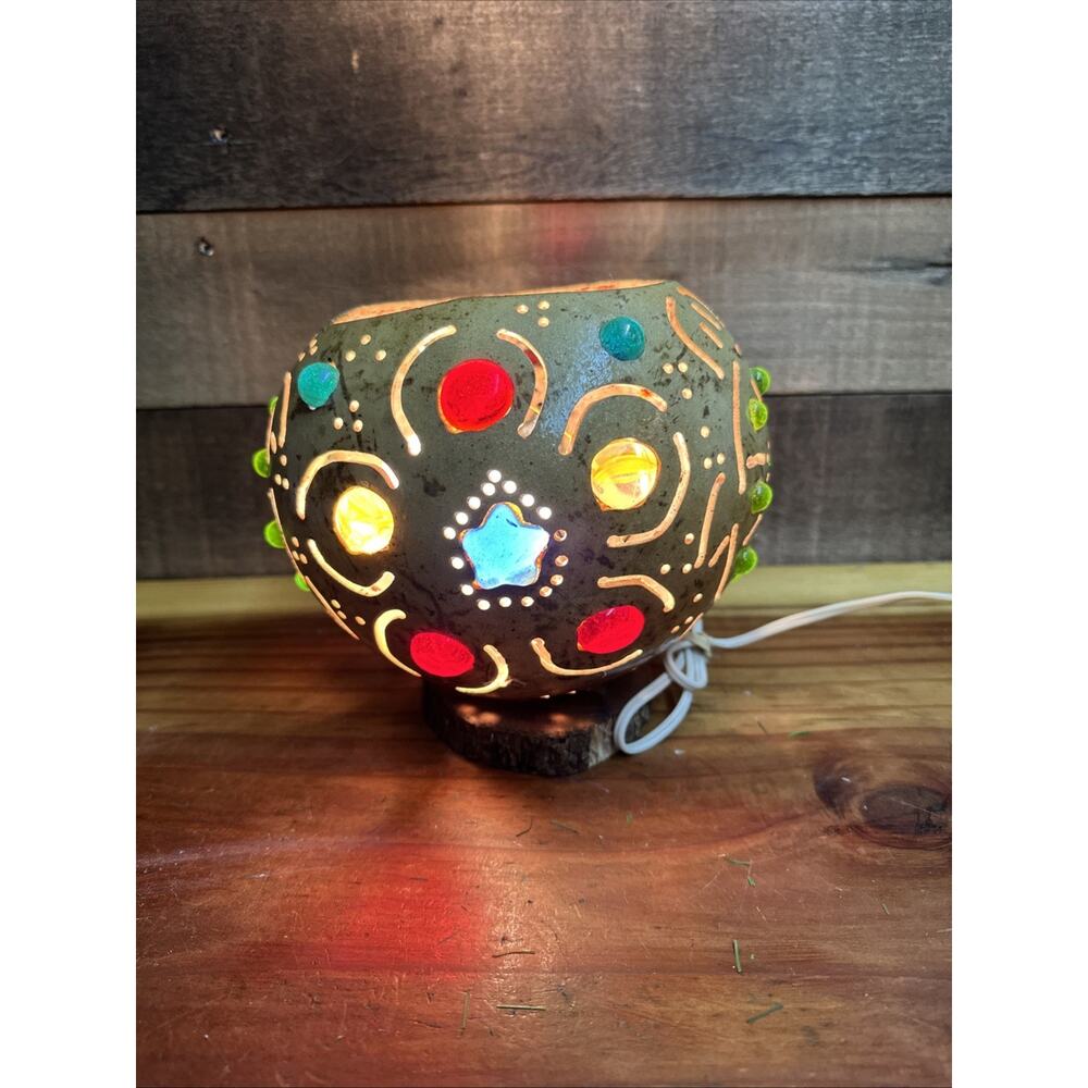 Vintage Small Handmade Coconut Shell Colorful Gems & Wood Table Night Light 7”